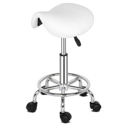Adjustable Salon Stool with Backrest — 360-Degree Swivel, Height Adjustable, Professional Saddle & Round Style for Salon, Spa, Barber, Kitchen, Bistro, Black & White