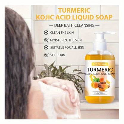 Turmeric Kojic Acid Body Wash 250g - Deep Cleansing Brightening Liquid Soap with Rich Foam & Long Lasting Fragrance - Moisturizing Shower Gel for All Skin Types, Mild & Non-Irritating