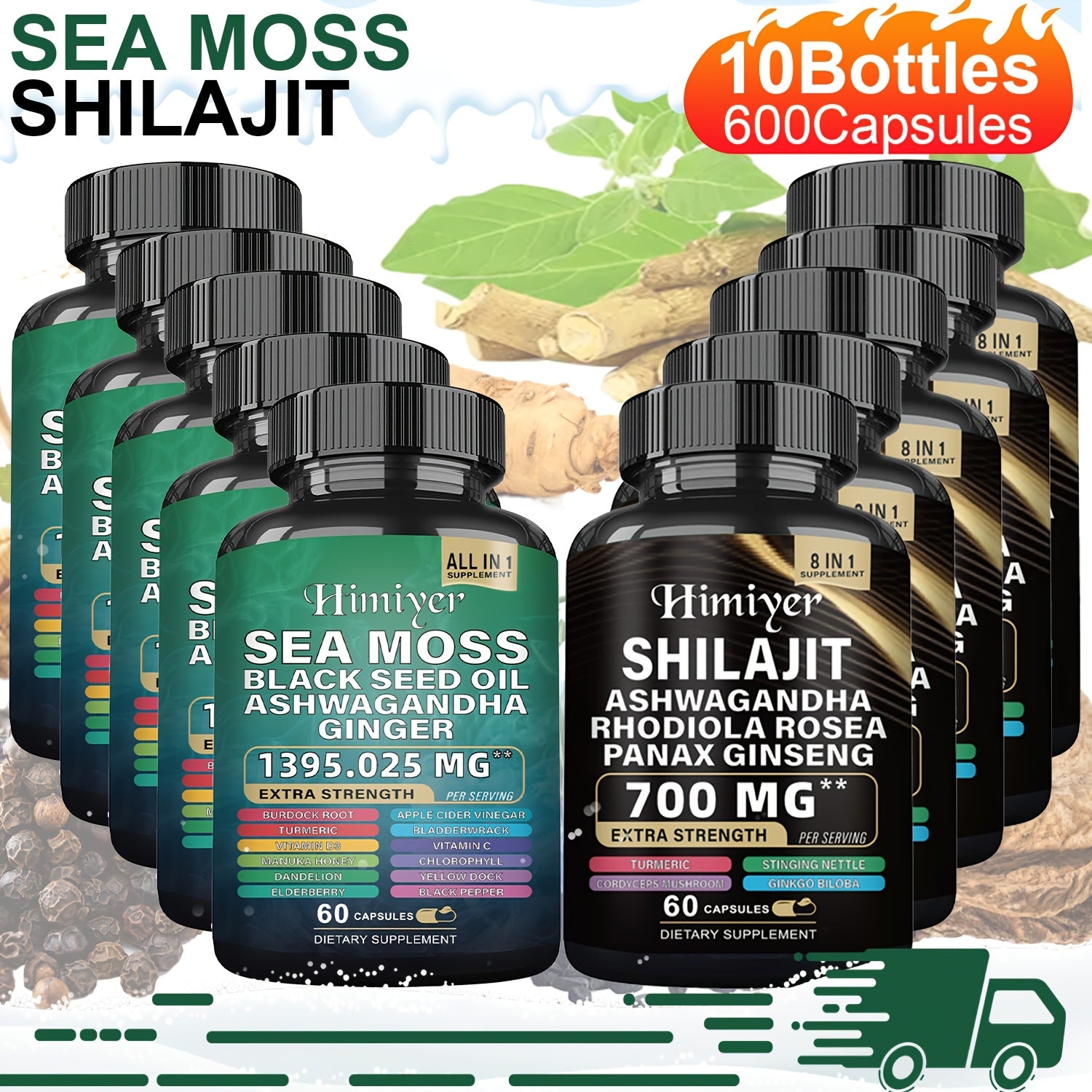 10 Bottles Of Sea Moss And Shilajit Mineral Supplement [double Supplement] Morning And Evening Exercise Energy Supplement, Containing Extracts Of Various Plant Essences Such As ASHWAGANDHA, BLACK SEED OIL, SEA MOSS, SHILAJIT, Etc.