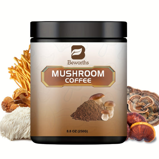 Mushroom Coffee-Instant Coffee Mixed with Ganoderma Lucidum, Cordyceps Sinensis, Lion'S Mane, Chaga And Turkey Tail Mushrooms-250G/8.8Oz