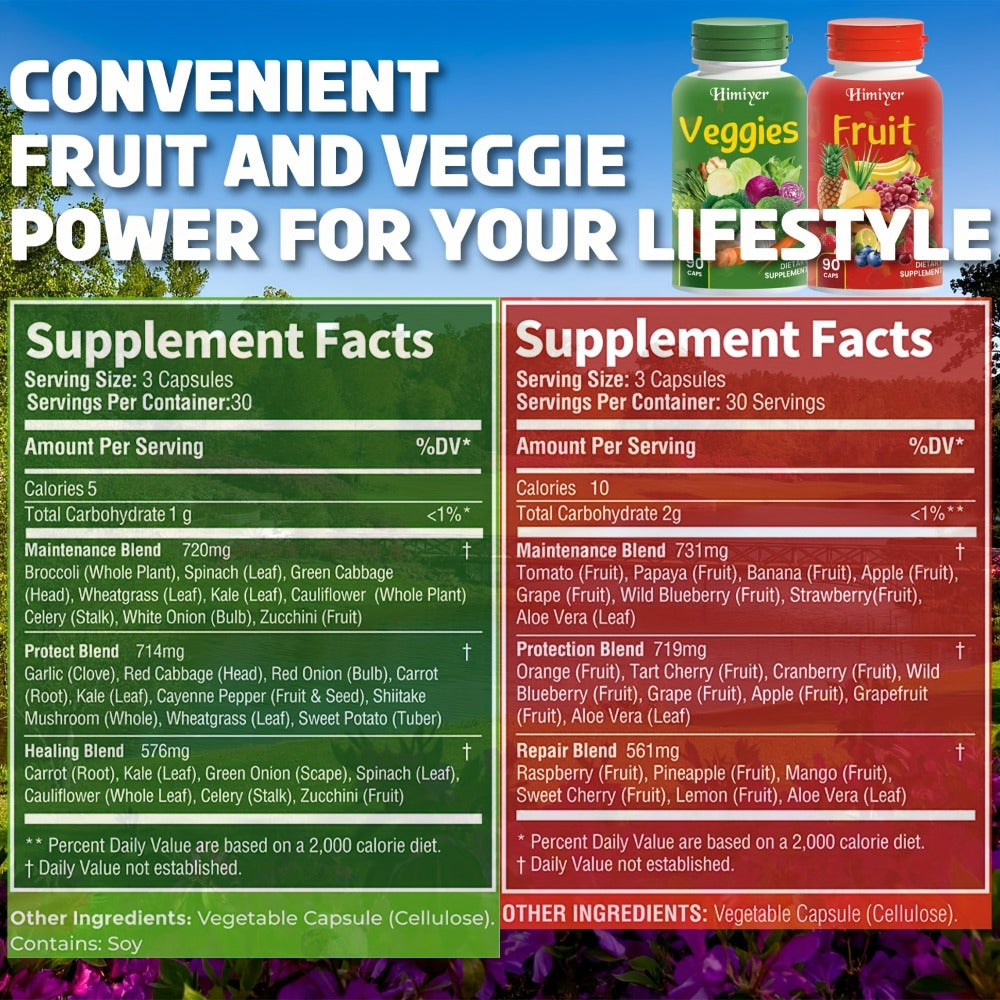 (1/3 Sets), Natural Balance of Fruits And Vegetables - Complete Food Supplements, Containing Superfood Fruits And Vegetables Suitable for Women, Men And Teenagers - 90 Fruit Capsules 90 Vegetable Capsules - 1 Set/3 Sets