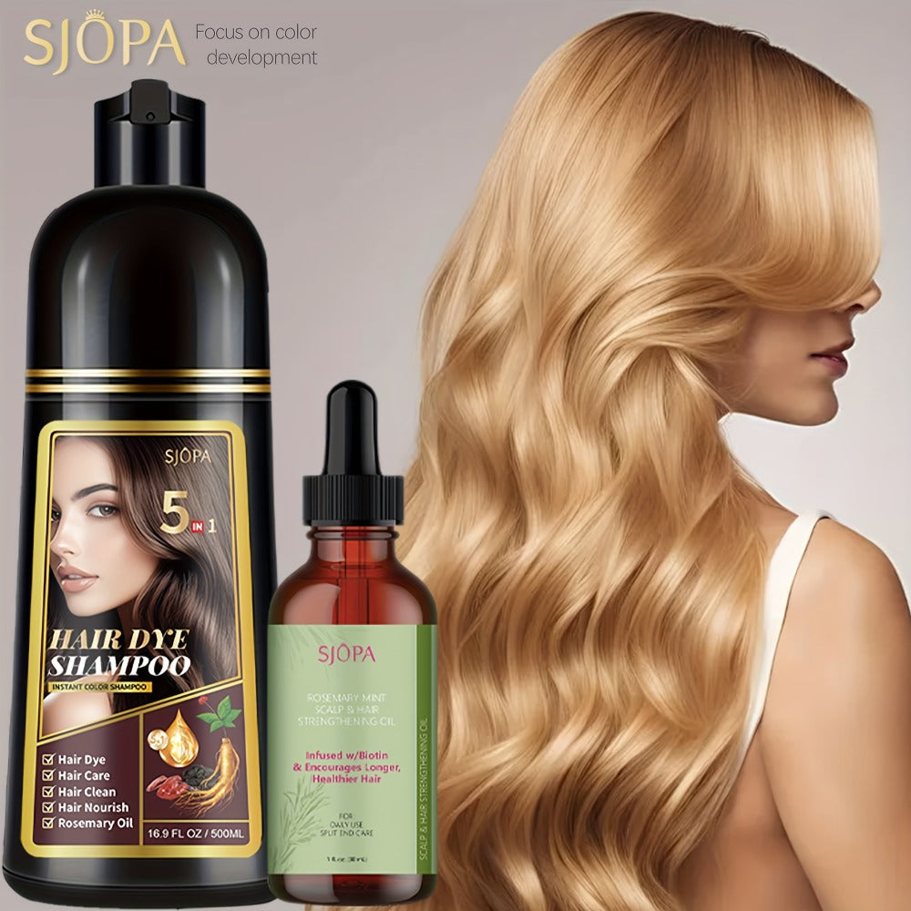 Hair Coloring Shampoo with Rosemary Hair Oil Gift Set — 5-in-1 Color & Care Formula, Moisturizing Glycerin, Gentle Non-Irritating, 16.91 oz Shampoo + Rosemary Oil, 12 Shades Available