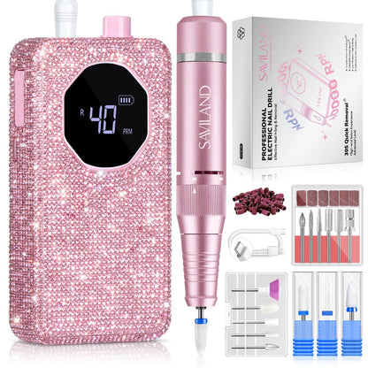Professional Nail Drill 40000 RPM Rechargeable Electric Nail Drill Machine with 4000mAh Battery LCD Display Ceramic Drill Bits Sanding Bands for Acrylic Gel Nails Salon Home Use