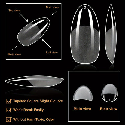 Soft Gel Nail Tips 600 Pieces - Clear Crystal Full Cover False Nails for Extensions | Almond Oval Square Coffin Stiletto Short Medium Long, Semi-Gloss Transparent Nail Tips for Nail Art Salon & DIY