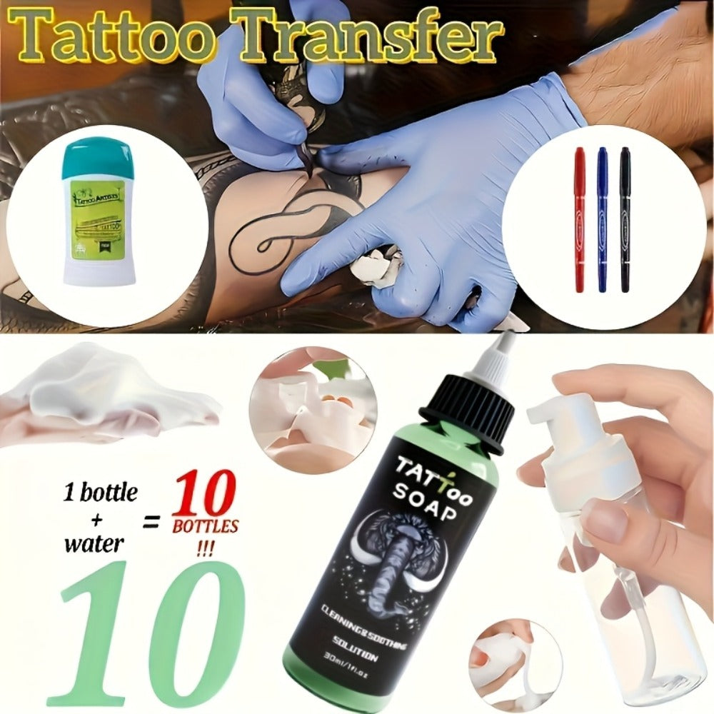 6pcs Temporary Tattoo Transfer Kit with 60g Ink Gel& 1.01oz Green Soap Solution- Complete Tattoo Art Set with Red, Blue& Black Markers, Easy Application for Beginners& Professional Artists, Travel-Friendly Tattoo Supplies