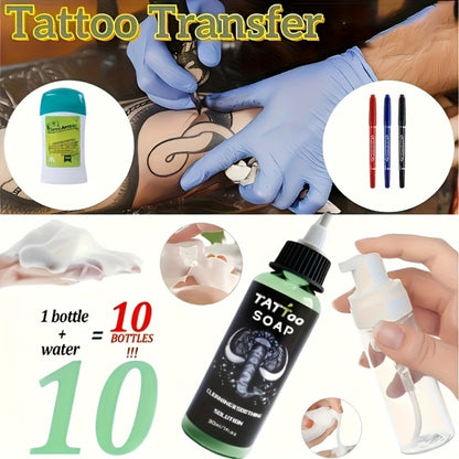 Temporary Tattoo Transfer Kit with Ink Gel Green Soap Solution Stencil Markers Complete Tattoo Art Set for Beginners and Professional Artists 6 Piece and 12 Piece Travel Friendly Tattoo Supplies