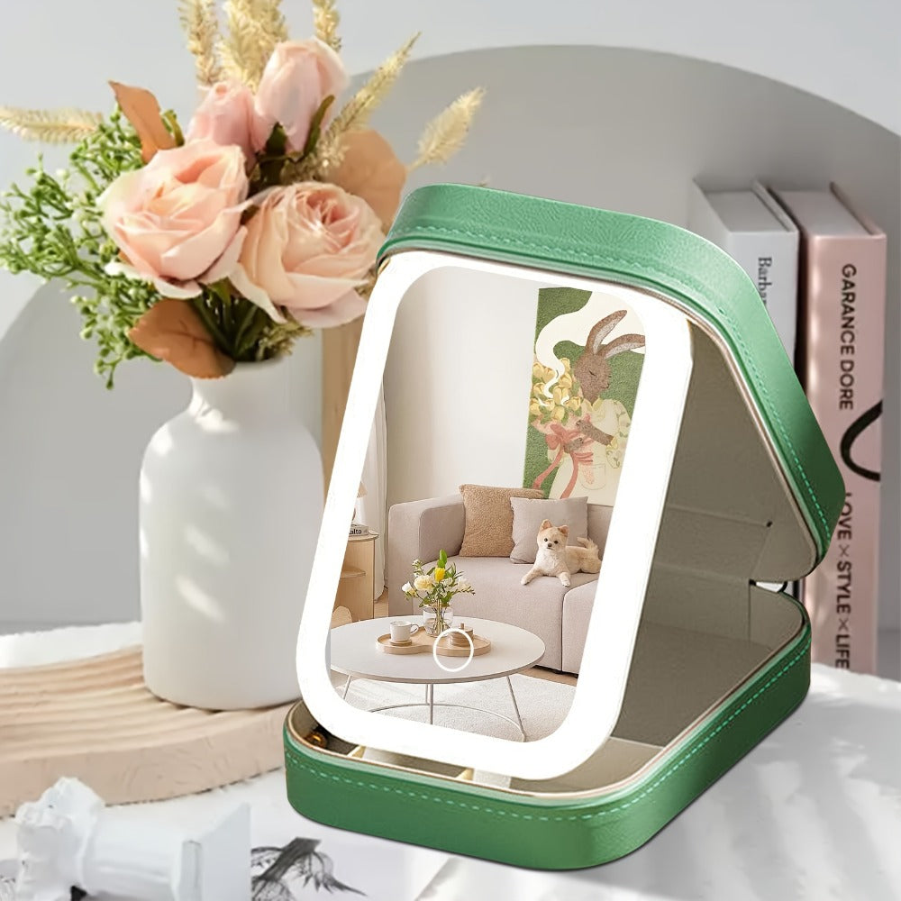 Travel Makeup Case with LED Mirror Cosmetic Bag Organizer - Portable Lighted Makeup Mirror 1200mAh Rechargeable USB Makeup Train Case for Women Girls Gift