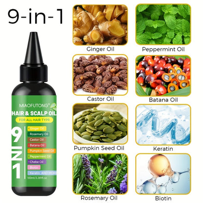 Hair Care Oil 9-in-1 with Turmeric, Rosemary, Castor & Biotin - Deep Hydration, Frizz Control & Smoothness for All Hair Types, Plant-Based Squalane, 100ml