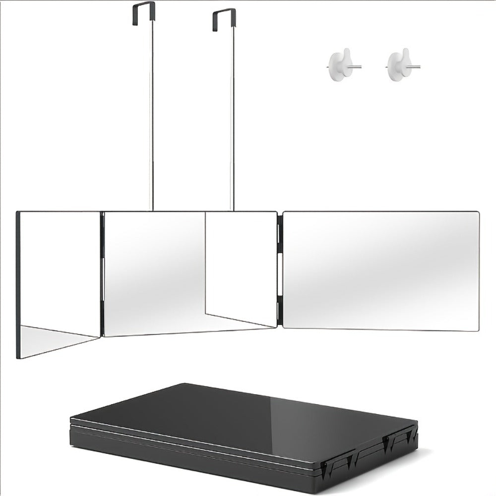 BANBERS Folding Three-Sided Mirror, Three-Way Mirror for Haircutting, with Height-Adjustable Telescopic Hook, Two Fixing Nails, 360° Viewing Angle, Clear Anti-Fog HD Glass. The Three-Way Mirror Can Be Used for Shaving, Makeup, Hairstyling, and Hair