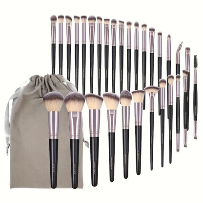 Professional Makeup Brush Set 30PCS Hypoallergenic Nylon Bristles - Alloy Handle Blush Foundation Eyeshadow Contour Brow Lip Brushes with Storage Pouch - Travel-Friendly for Beginners & Pros
