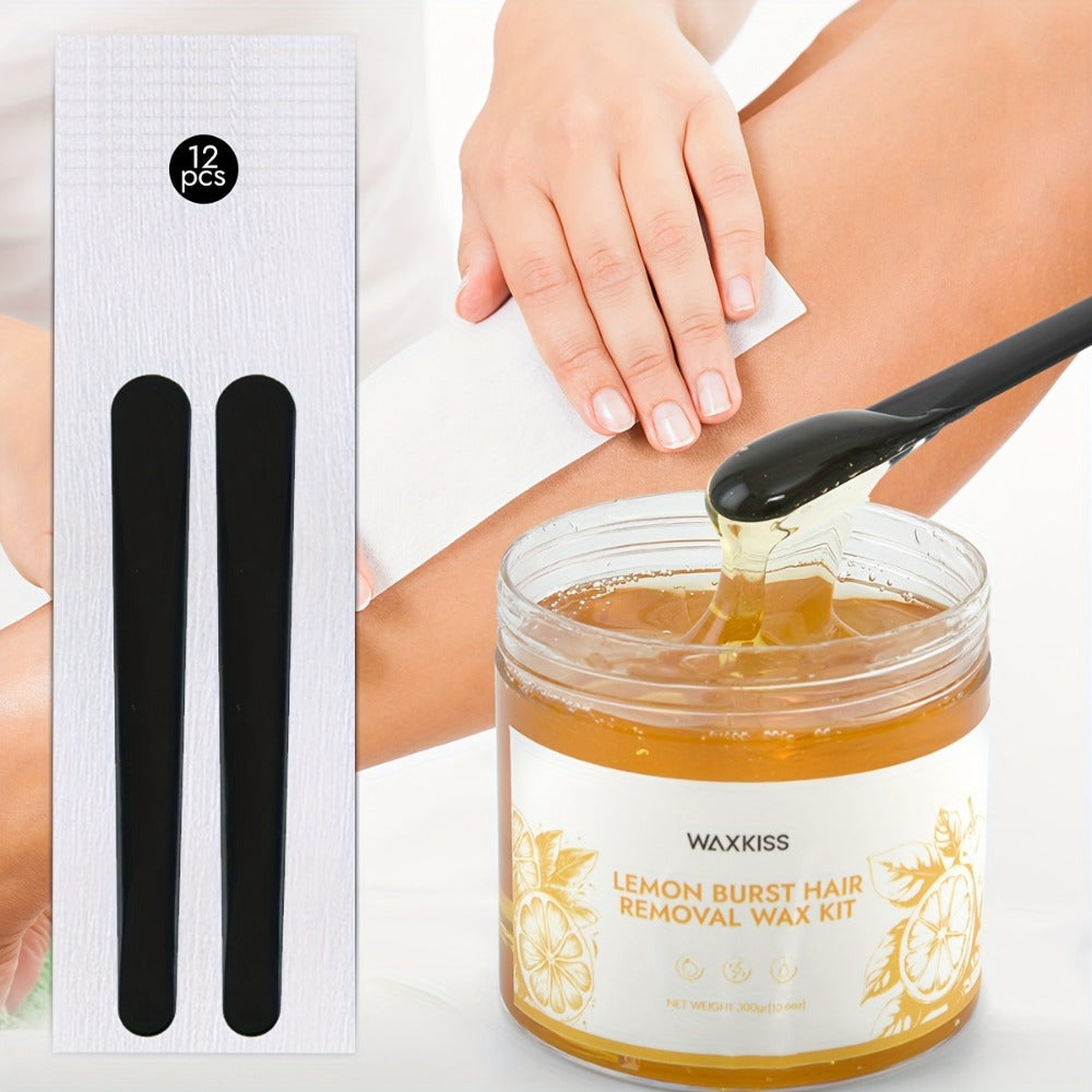 WAXKISS 300G Lemon Sugar Wax Hair Removal Soft Wax Beeswax Hair Removal Kit New Formula Is Gentle And Non-Irritating, Precise Hair Removal Without Residue, (1 Can Of Soft Wax, 12pcs Of Hair Removal Paper, 2 Wax Sticks)