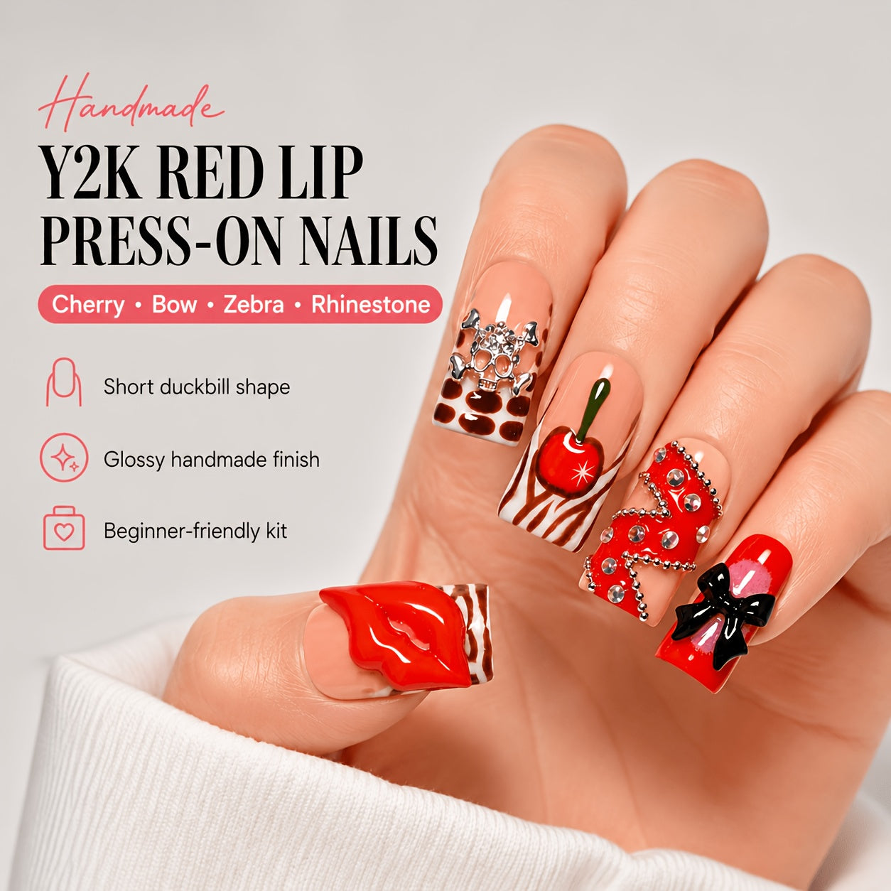 10pcs Handmade Duckbill Acrylic Press On Nails With Shiny Crystals, Bows, And Cherry Accents, Features Red And Pink French Tip Style, Suitable For Women And, Party And Daily Wear, Including Tools, An Ideal Gift. Spring Nails