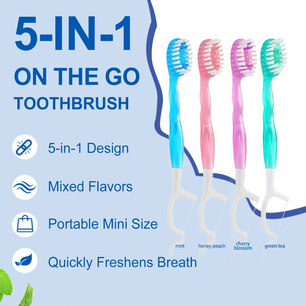 24/40pcs 5-in-1 Disposable Mini Toothbrush | Toothpaste, Floss, Pick, Tongue Scraper, Soft Mint, Oral Care, Nylon Bristles, ABS Plastic, Compact-, Medium Firmness, Travel Case