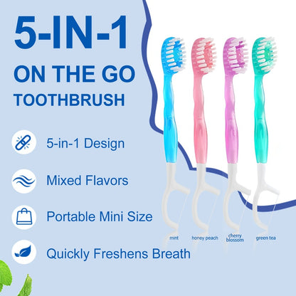 Disposable Mini Toothbrush 5-in-1 — Pre-Applied Mint Toothpaste, Floss, Pick & Tongue Scraper, Soft Nylon Bristles, Compact Travel Oral Care Kit, 24 or 40 Pack