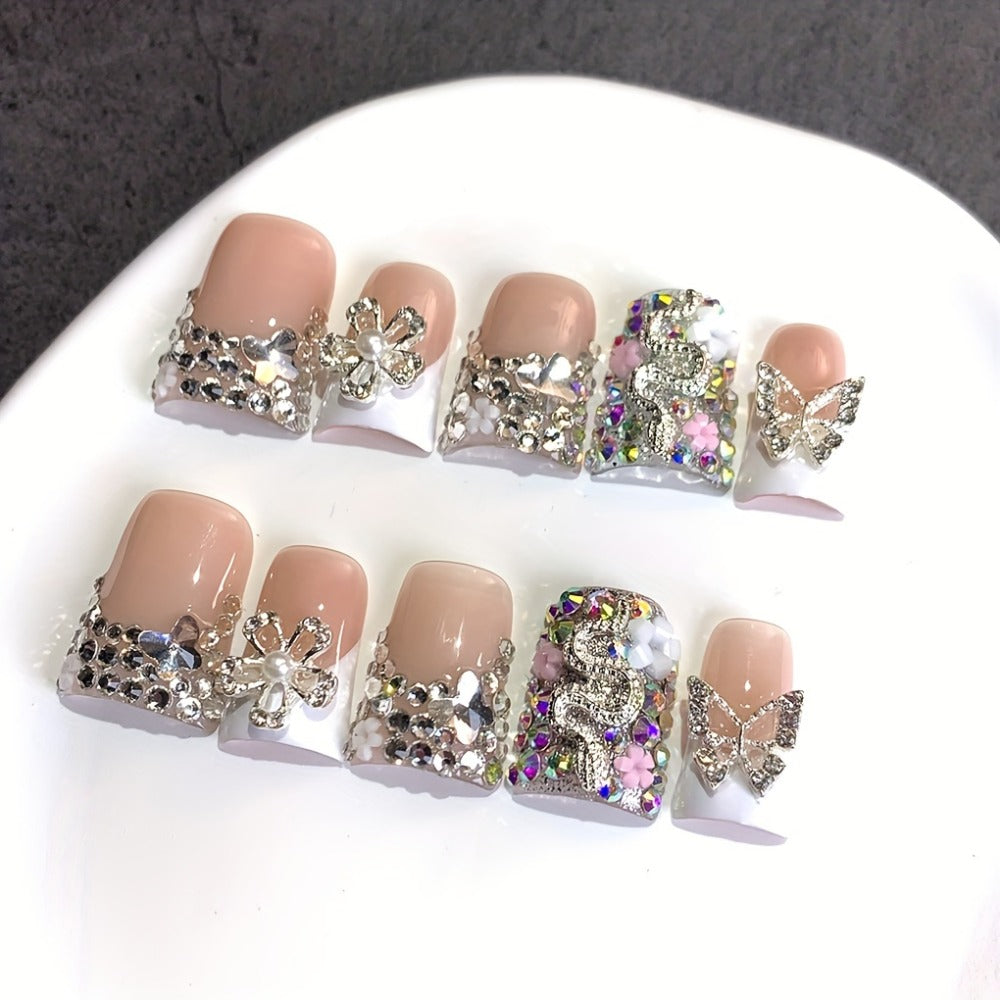 10pcs Ugly Cute Duckbill White French-Style Press-On Nails with Colorful AB Nail Art Accessories,, and Floral Elements, Handmade Full-Cover Press-On Fake Nails, Suitable for Daily Use, Parties, and Birthday Gifts