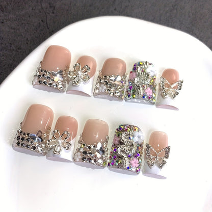 Press On Nails Ugly Cute Duckbill White French Style – Colorful AB Floral Full Cover Handmade Fake Nails | 10pcs Nail Art Set for Daily Use, Parties & Birthday Gifts, S/M/L