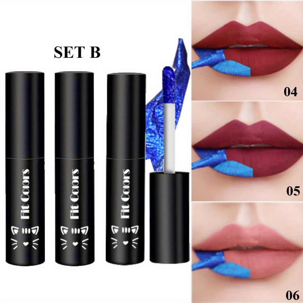 Matte Lip Gloss Set 3pcs Waterproof Long-Lasting Smudge-Proof Liquid Lipstick - Electric Blue Cobalt Shades Vegan Formula All Skin Tones Bold Lip Makeup Women