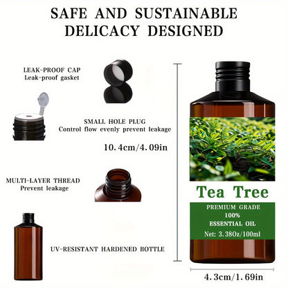 Tea Tree Essential Oil 100ml (3.38oz) — 100% Pure Aromatherapy Oil for Skin, Hair, Nail Care, Massage & Meditation — Gift for Men and Women