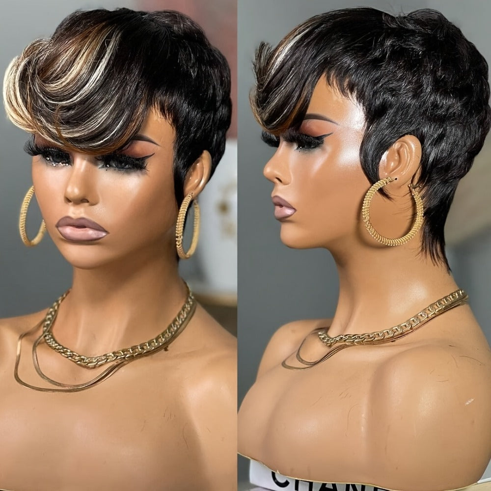 Short Pixie Cut Wig with Bangs Black & Blonde — Layered Style, Brown Blonde Mix, Rose Net Cap, Synthetic Wig for Black Women, 4 Inch Daily Wear