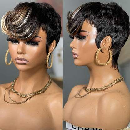 Short Pixie Cut Wig with Bangs Black & Blonde — Layered Style, Brown Blonde Mix, Rose Net Cap, Synthetic Wig for Black Women, 4 Inch Daily Wear