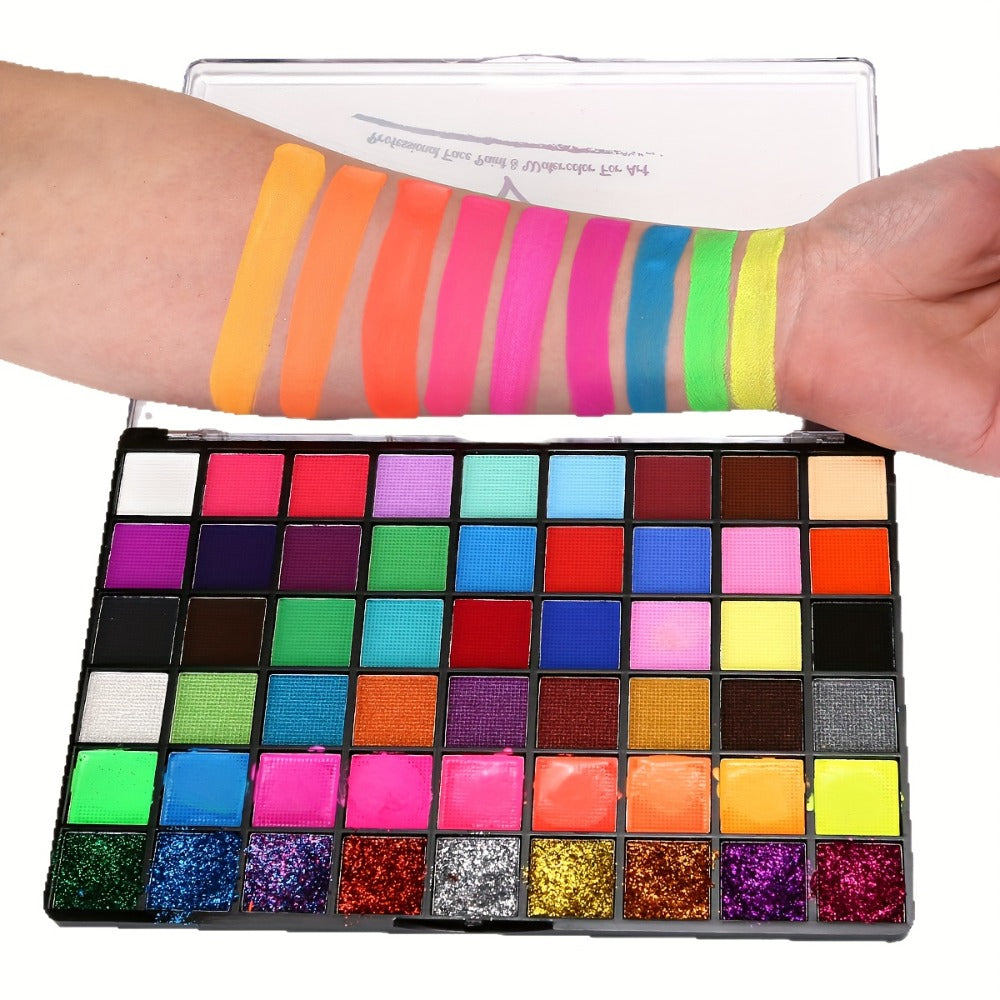 Face Body Paint Set 54 Colors — Matte, UV Fluorescent & Glitter Palette with Pattern Templates, Brushes & Tattoo Stickers for Sports, Cheerleading, Festivals & Parties