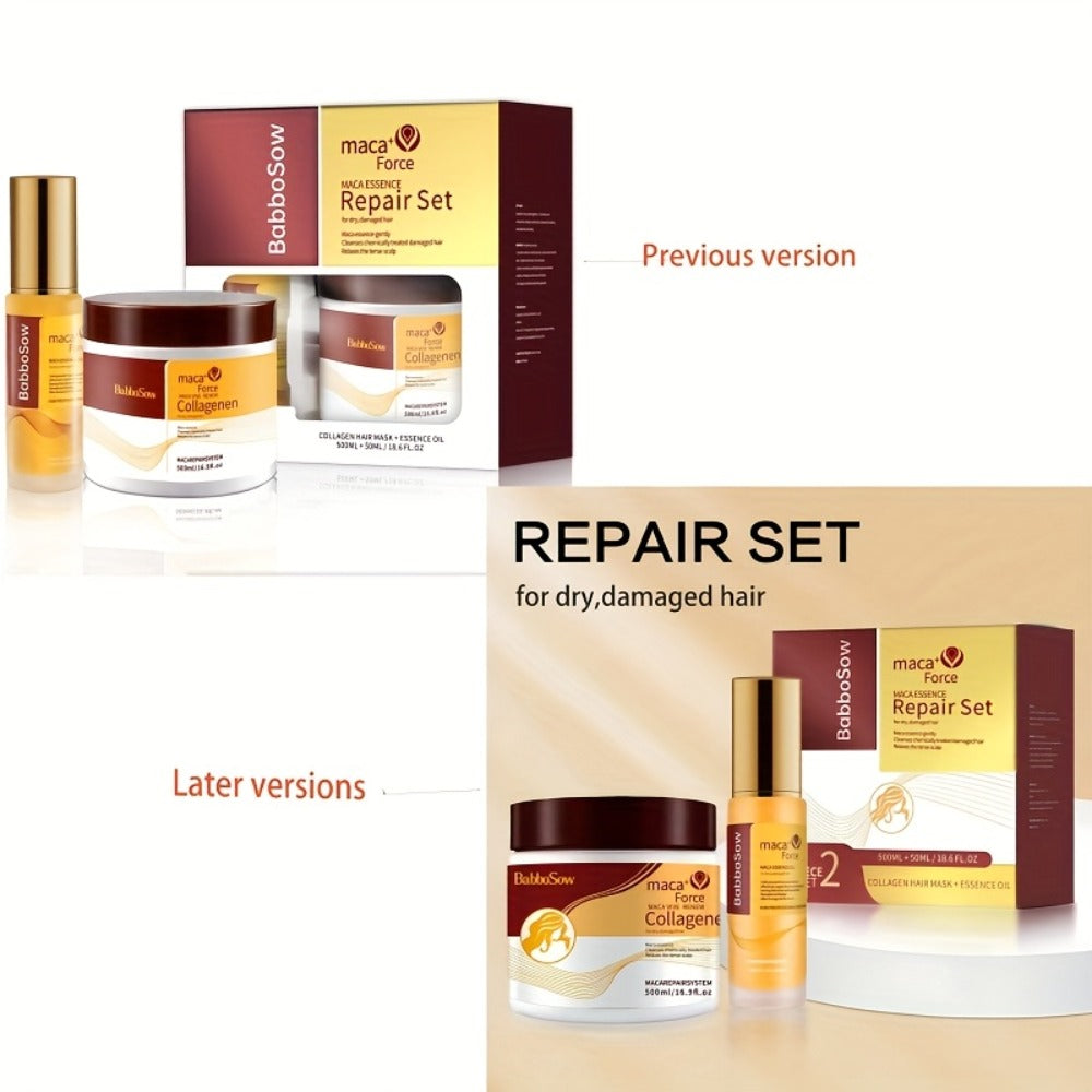 Hair Mask with Argan Oil Set — Collagen & Keratin Deep Conditioning Treatment, Repairs Damaged Dry Hair, Restores Shine & Strength, Maca Collagen Essence, 500ml + Essential Oil, Gift for Women