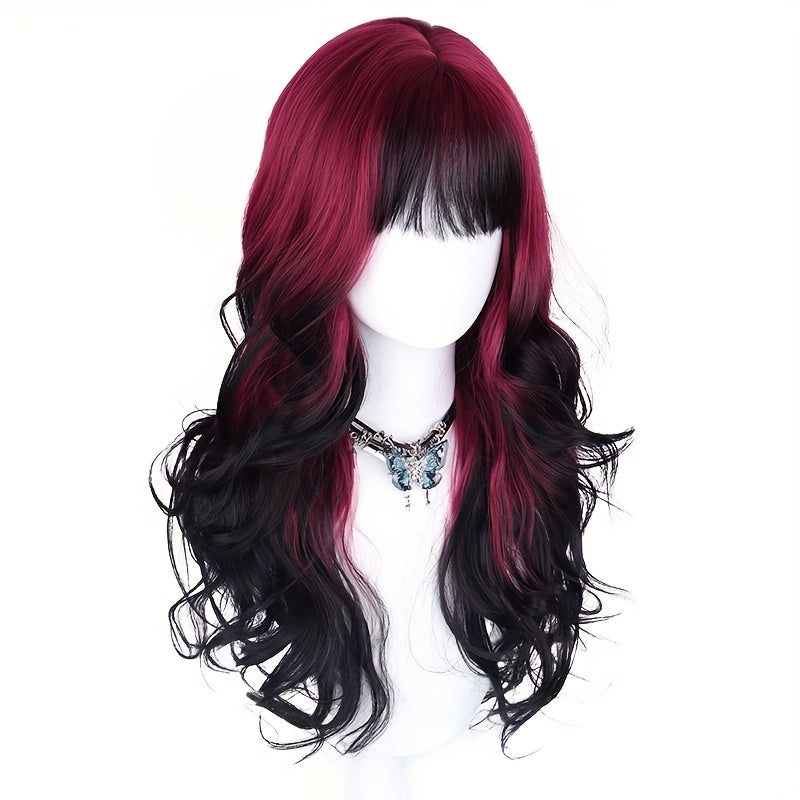 28" Wavy Curly Long Hair Wigs for Women with Glamorous Black And Red Highlights, Perfect for Cosplay And Daily Party Wear
