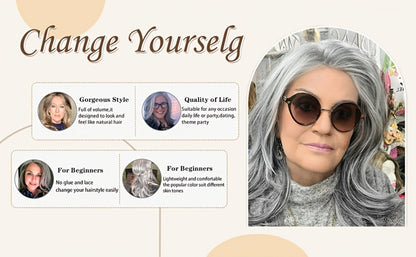 Grey Wig for Women Long Layered Silvery Wavy Synthetic Wig with Highlights 18 Inch Rose Net Cap Beginner Friendly Natural Look Daily Wear Party Cosplay