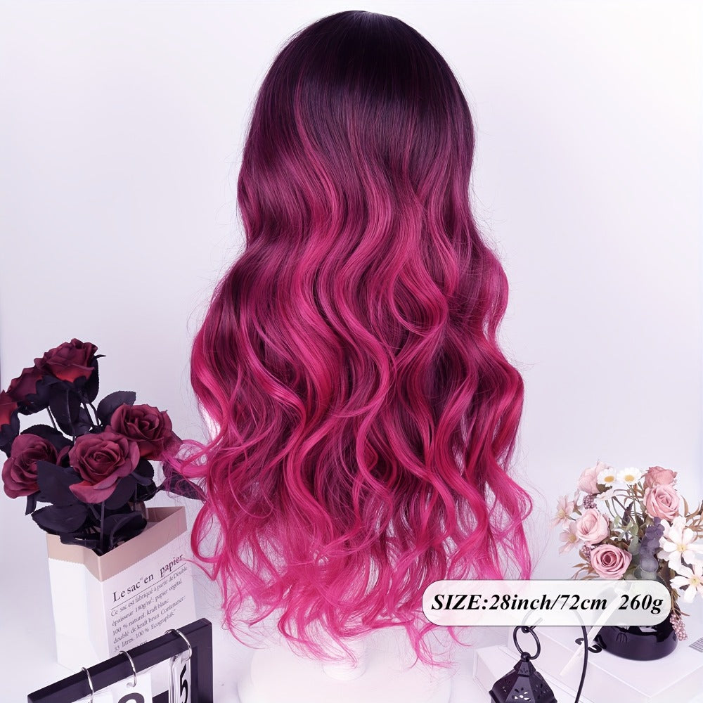 Long Wavy Wig with Air Bangs for Women — 28 Inch Rose Red Gradient, 150% Density Heat Resistant Synthetic Hair, Rose Net Cap, Curly Wave Style, Parties Halloween Christmas Daily Wear