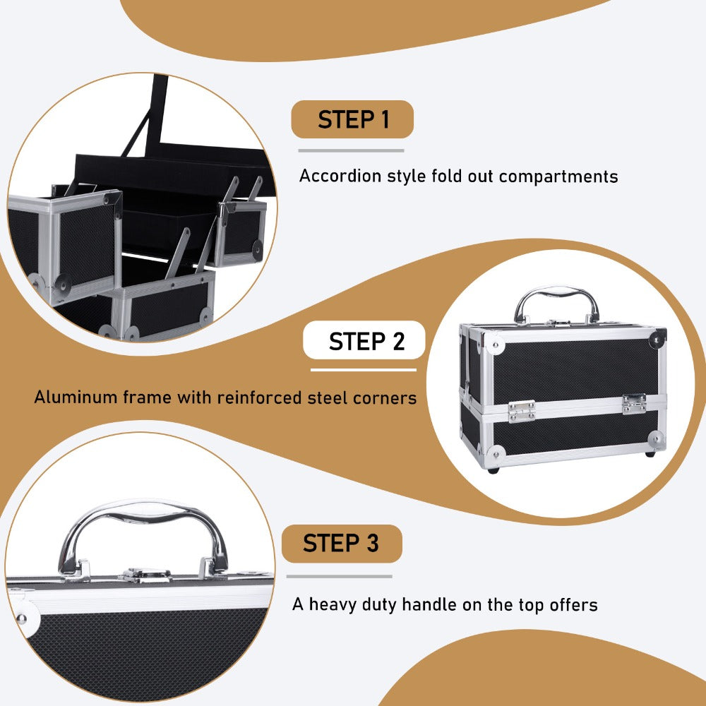 Professional Makeup Train Case, Large Capacity Aluminum Cosmetic Trolley Organizer, Portable Jewelry Storage Box with Adjustable Dividers & Lockable Keys, Travel Makeup Artist Tool Box