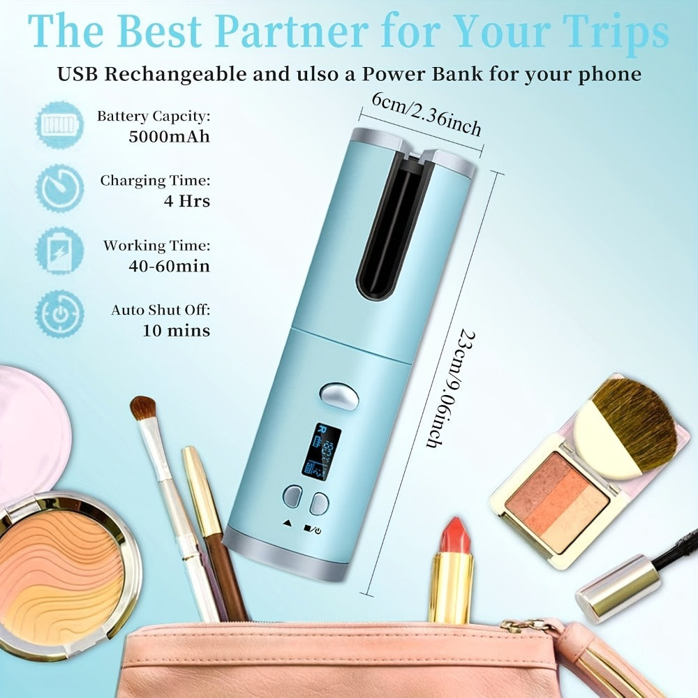 Automatic Curler, Portable Curler, Cordless Rotating Curler with 6 Temperatures, LCD Display USB Rechargeable, Fast Heat-Up And Auto-Off for Hair Styling, Mother'S Day Gift, Birthday Gift (Additions: 1 X Storage Bag And 4 X Hair Clips And 1 X Comb)