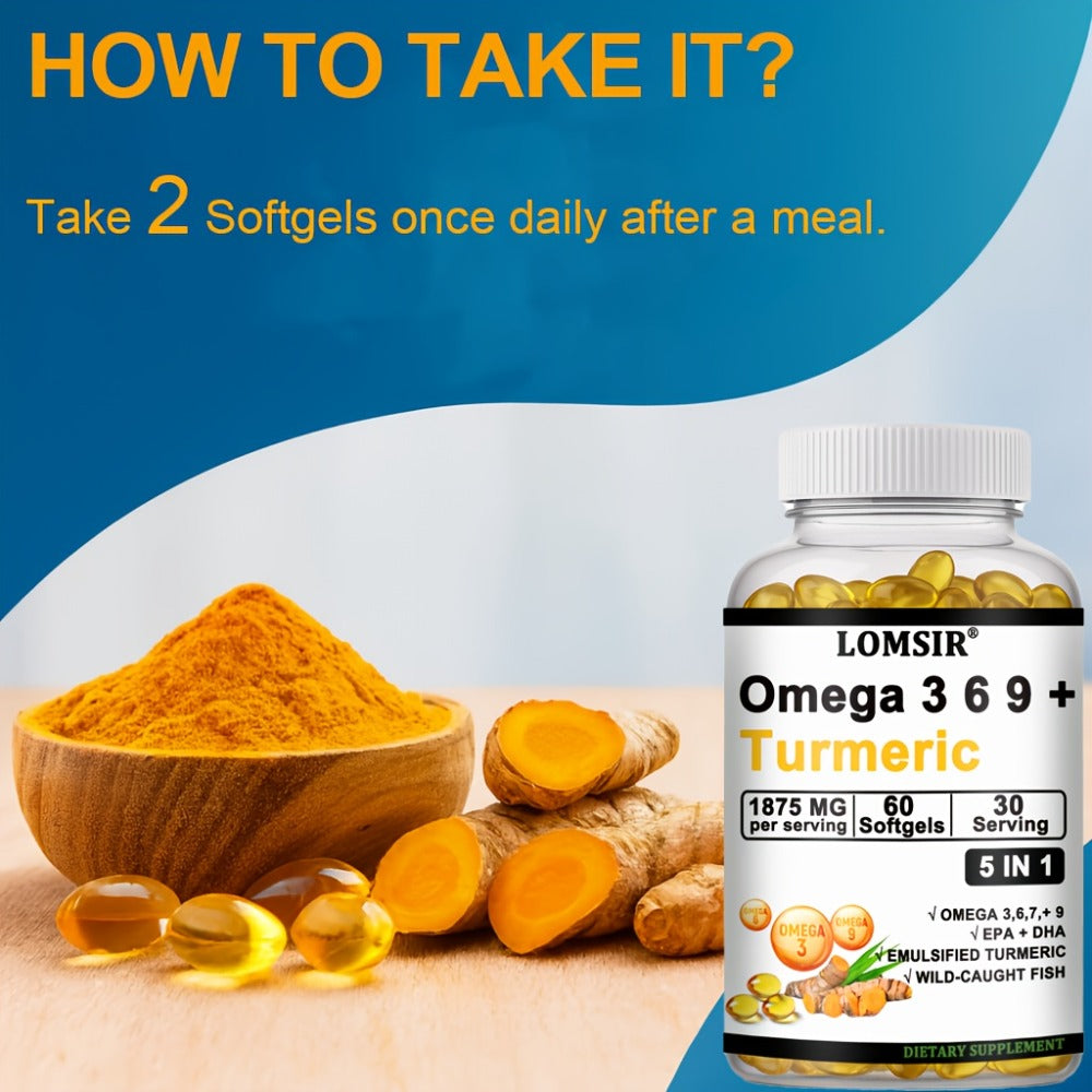 LOMSIR Omega 3-6-9 + Turmeric Softgels (DHA & EPA) - Wild Fish Oil Blend, Emulsified Turmeric, 60 Softgels, Daily Balance, Easy-to-Take