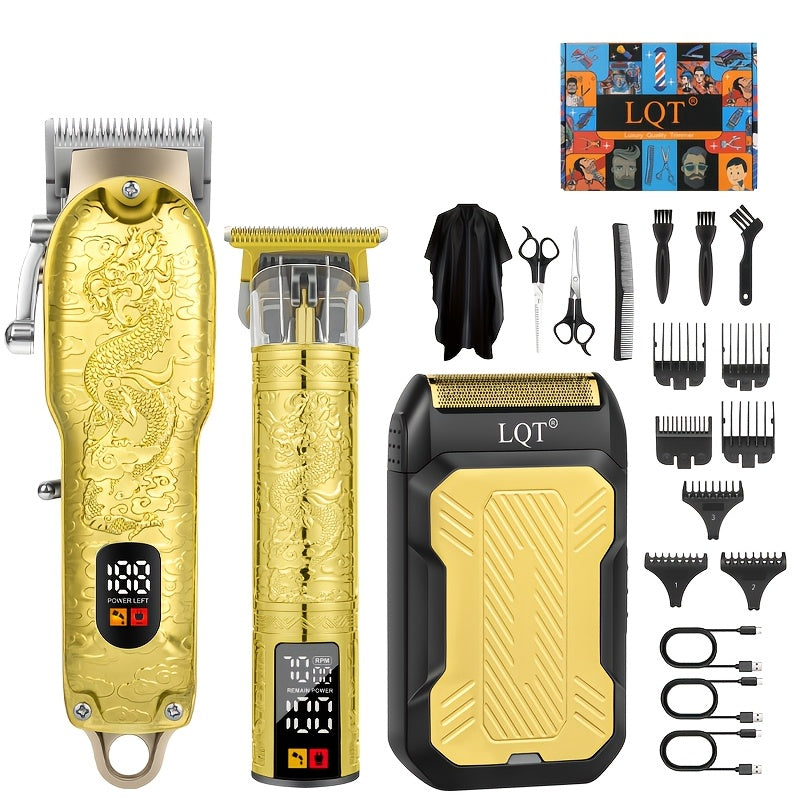 Men's Hair Clipper & Trimmer Gift Set — LQT 3-Piece Cordless Professional Hair Clipper, Electric Shaver & Hair Cutter with LED Display, Gift Box Packaging, Perfect Father’s Day & Birthday Gift