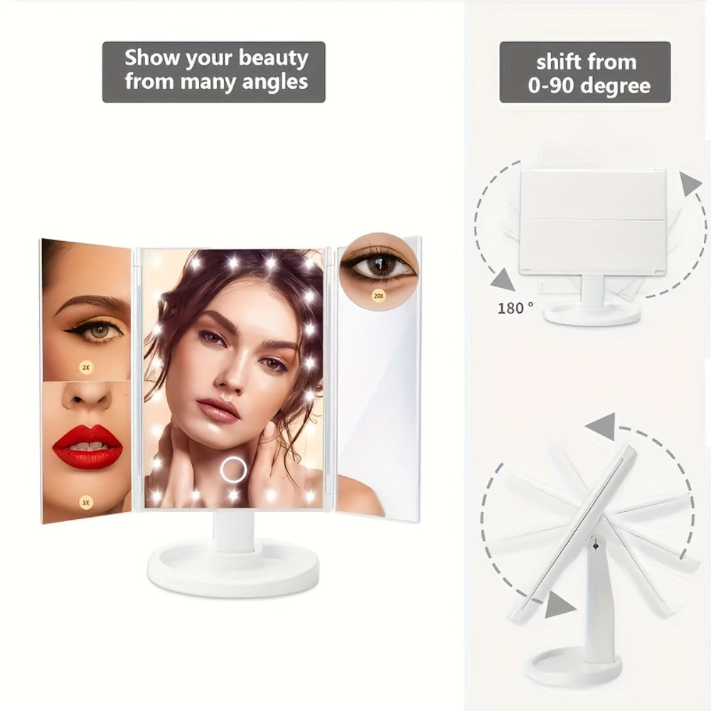 Vanity Mirror with Lights Tri-Fold 21 LED Lighted Makeup Mirror - Touch Control 1X 2X 3X 10X Magnification 360° Rotation Dual Power Trifold Tabletop Mirror