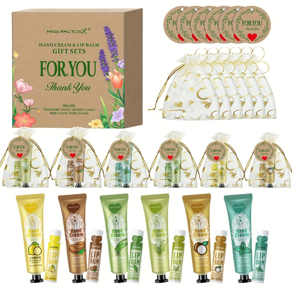 [Ideal Gift] 24pcs MISS FACTORX Hand Cream And Lip Balm Gift Set Moisturizing, Hydrating Formula with Glycerin And Hyaluronic Acid - Includes Thank You Cards And Heart-Shaped Gift Bags - Ideal for Women, Bridal Showers, And Corporate Team Building