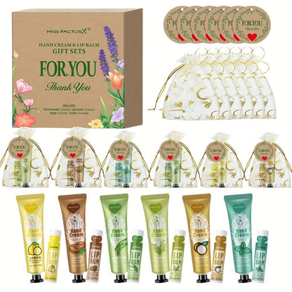 Hand Cream and Lip Balm Gift Set 24pcs Moisturizing Hydrating Formula with Glycerin and Hyaluronic Acid Includes Thank You Cards and Heart Shaped Gift Bags for Women Bridal Shower Party Favors