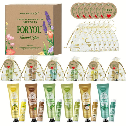 [Ideal Gift] 24pcs MISS FACTORX Hand Cream And Lip Balm Gift Set Moisturizing, Hydrating Formula with Glycerin And Hyaluronic Acid - Includes Thank You Cards And Heart-Shaped Gift Bags - Ideal for Women, Bridal Showers, And Corporate Team Building