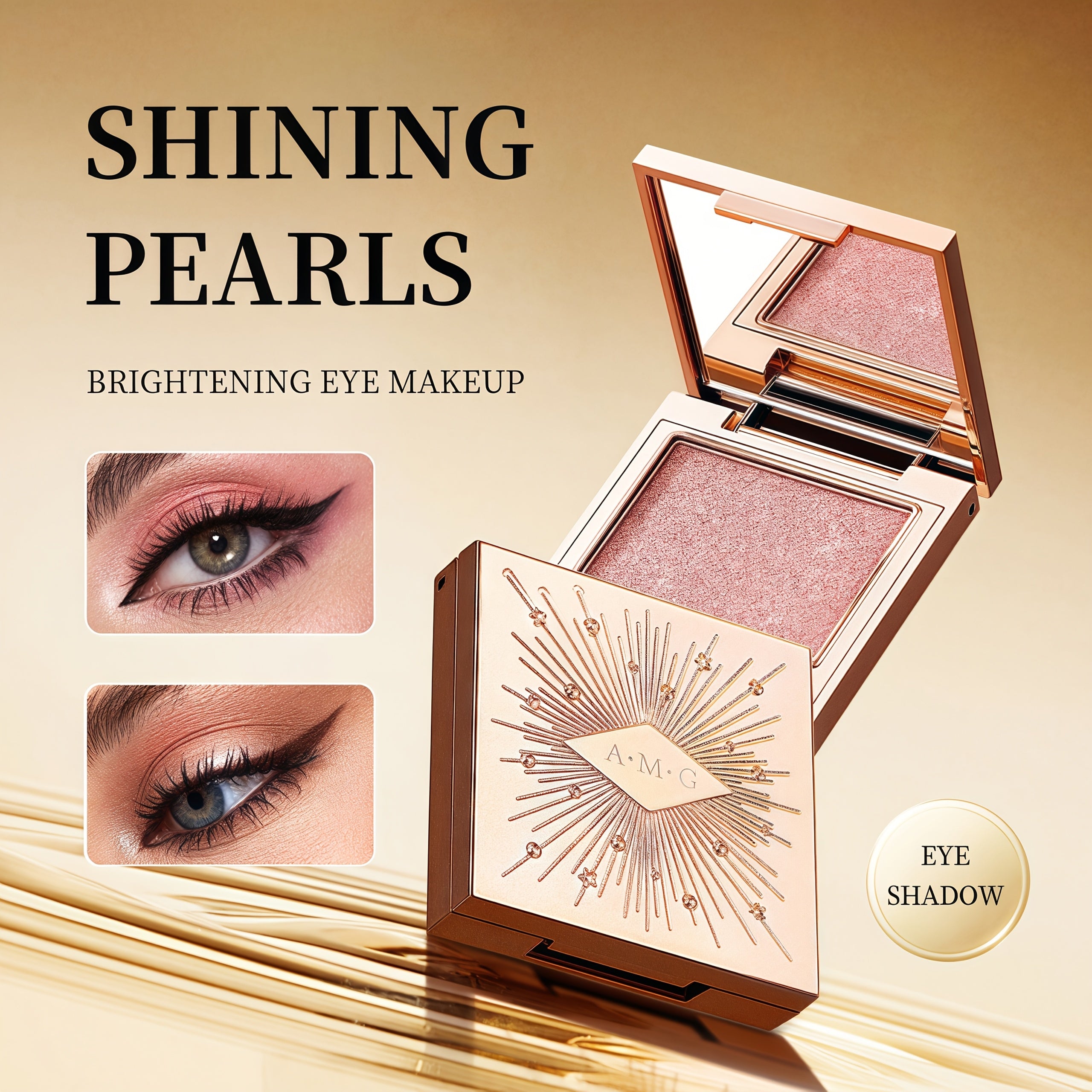 AMG Golden Star Glowing Eyeshadow Palette - 5 Shimmer Shades, Waterproof & Sweatproof, Creamy Formula with Built-in Mirror, High-End Luxury Packaging, Ideal Gift for All Light Beige Tones, Elegant Makeup | Radiant Finish | Shiny Shimmery Effect