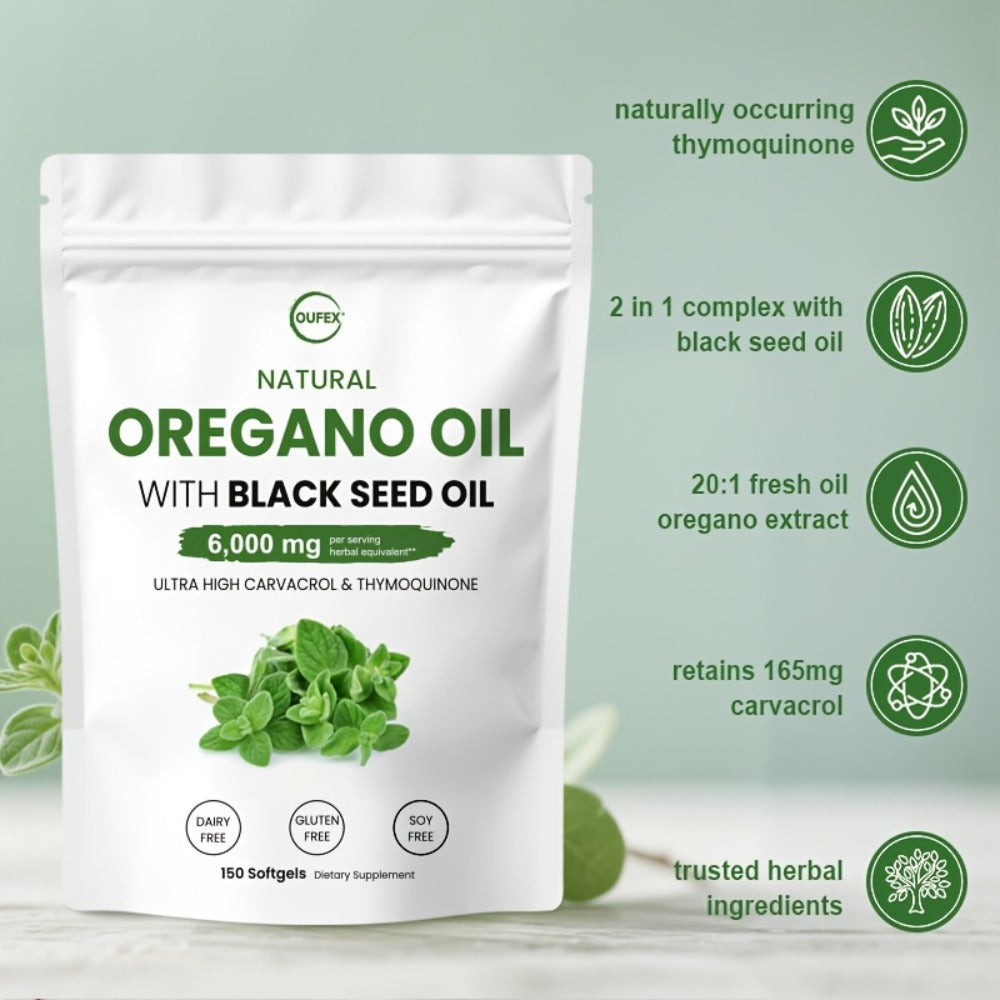 Oufex Oregano Oil | Featuring Black Seed Oil with High Carvacrol & Thymoquinone | Plantbased Antioxidant & Seasonal Wellness Support | 150 Softgels