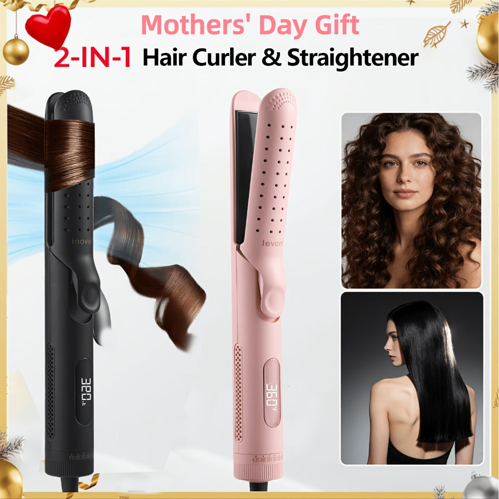 2-in-1 Pink Heated Curling Iron, Flat Iron and Curler, Heat-Free Curling Iron, 360° Adjustable, 5-Level Hot/Cold Air Adjustment, Fast & Dual Voltage, for Long and Short Hair