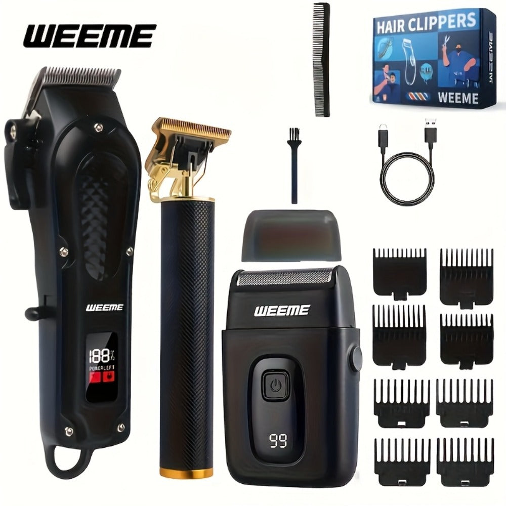 WEEME Men's Grooming&Shaving Kit 1/2/3pcs Set, Golden Balck Hair Clippers with LCD Display, USB Rechargeable, 8 Guide Combs, Trimmer And Shaver, with Cleaning Brushes And Comb, Gift for Men