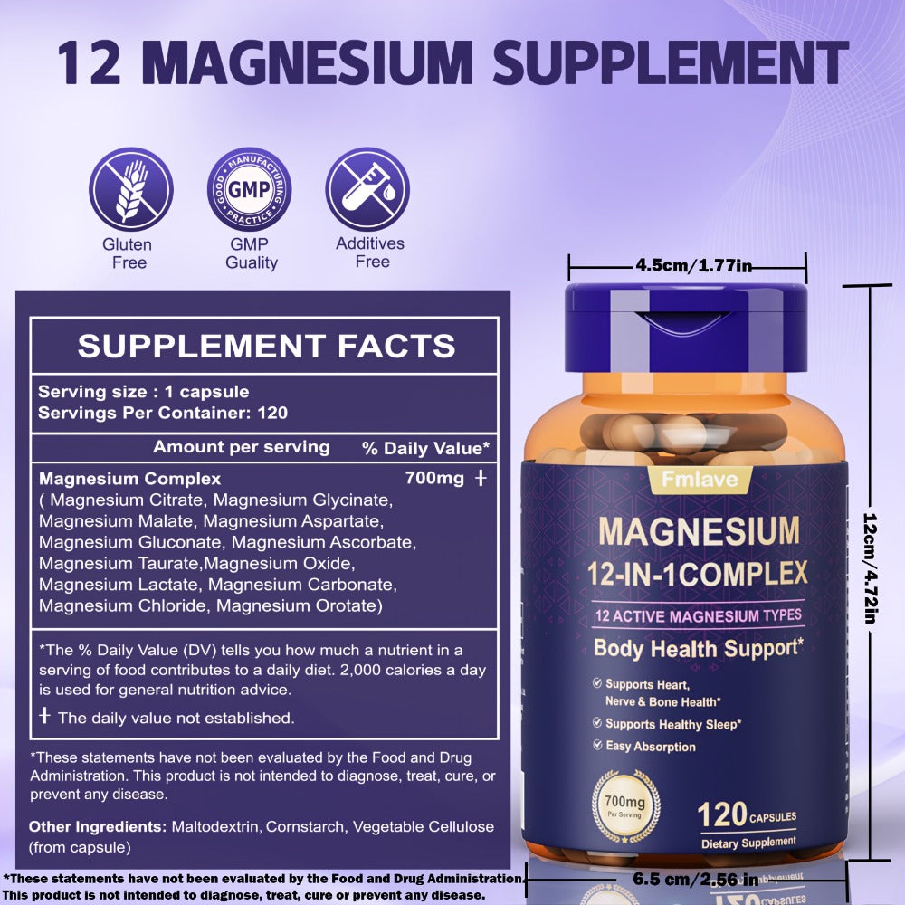 Fmlave 12 In 1 Magnesium Glycinate, 700MG Magnesium Complex WIth Citrate, Malate, Carbonate, Taurate, Oxide, Easily Absorbable Calm Magnesium Supplements Support Bone, Heart & Sleep Health, Relaxation, Gluten Free, 120 Capsules