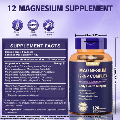 Magnesium Glycinate 700mg 12-in-1 Complex Capsules | Citrate Malate Taurate Carbonate & Oxide Blend | Bone Heart Sleep & Relaxation Support | Gluten-Free 120 Capsules 120-Day Supply