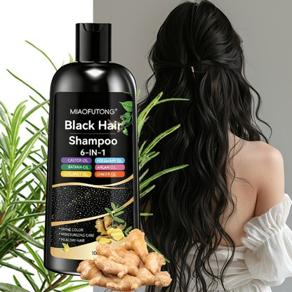 Black Hair Dye Shampoo 6-in-1 Gray Coverage - Castor, Batana, Coconut, Rosemary & Ginger Oil Formula, Instant Color, Glossy & Voluminous, Unisex, All Hair Types