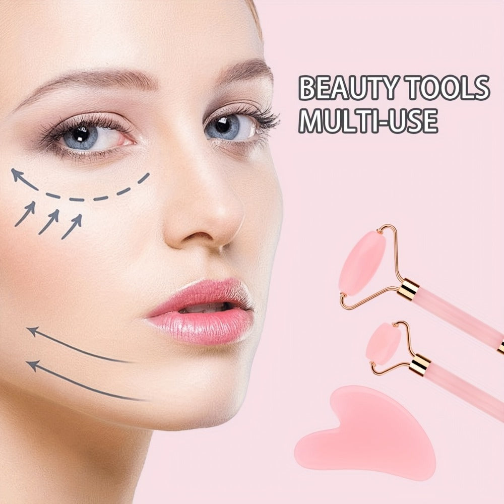 7pcs Facial Cleansing Massage Set, Includes 2 Wristbands + 1 Hair Band, 1 Double-Sided Silicone Face Brush, 1 Double-Headed Roller Massager, 1 Heart-Shaped Facial Scraping Board, 1 Pink Storage Bag, The Best Facial Cleansing And Massage Tool