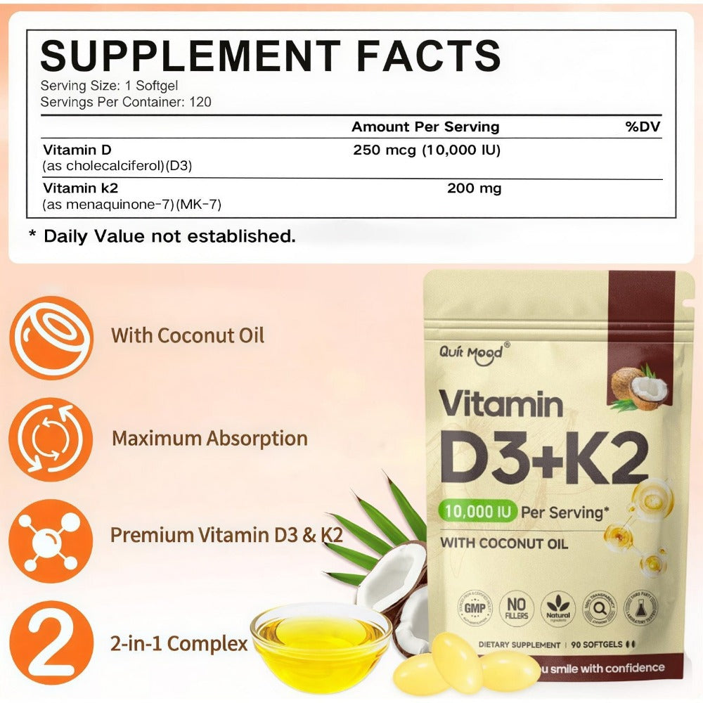 Vitamin D3 10000 IU and Vitamin K2 200 mg: Promote calcium absorption and maintain bone and heart health. Extra virgin coconut oil softgels - 90capsules.