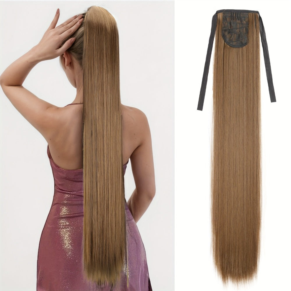 Straight Ponytail Extension 34 Inch - Ribbon Wrap Long Sleek Hairpiece High Temperature Fiber for Women Daily Wear Festive Occasions Mixed Brown Linen Champagne Olive