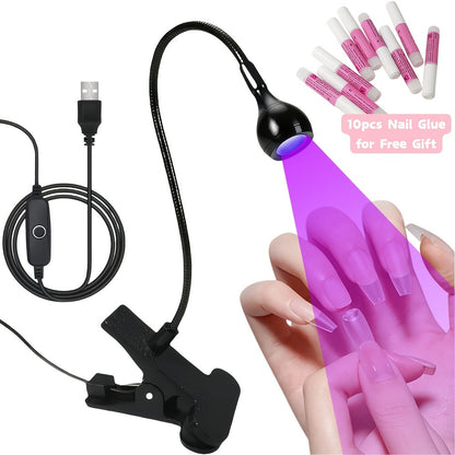 LED Nail Dryer Clip-On Hands-Free Flexible Metal Tube Multi-Color Lighting with 10pc Nail Glue Manicure Pedicure Tool Holiday Birthday Gift White Black