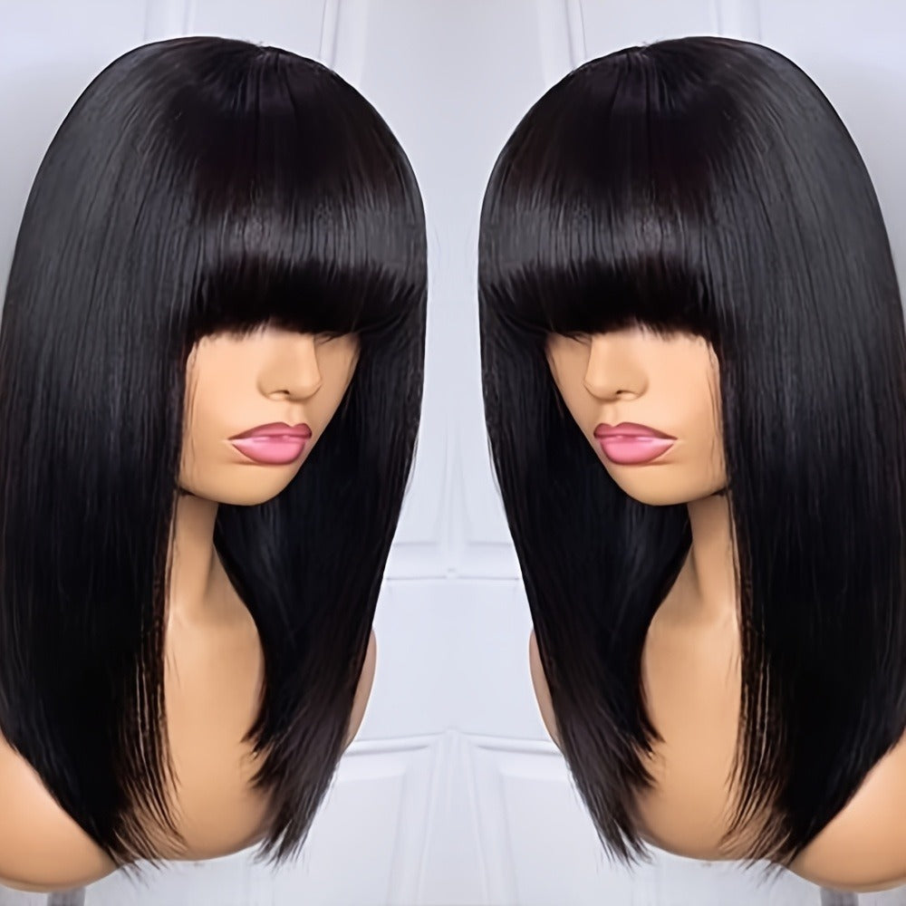16" Blunt Cut Straight Bob Wig with Bangs - Heat Resistant Synthetic Hair, 180% Density Rose Net Cap, Silky Straight Black Wig for Women & Men, Business, Party & Daily Wear