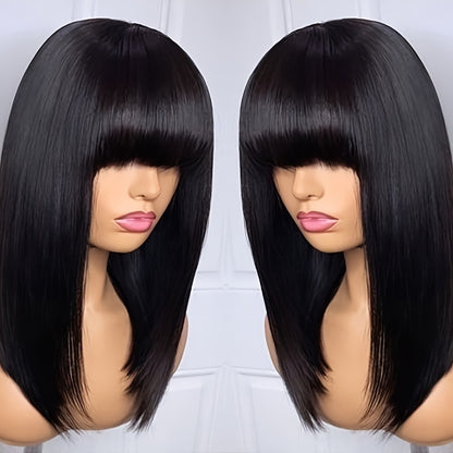 Straight Bob Wig with Bangs Heat Resistant Synthetic Hair 180% Density Blunt Cut Black Rose Net Cap Women Business Office Party Daily Wear 16 Inch